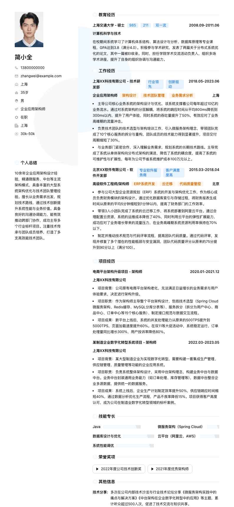 企业应用架构师简历模板