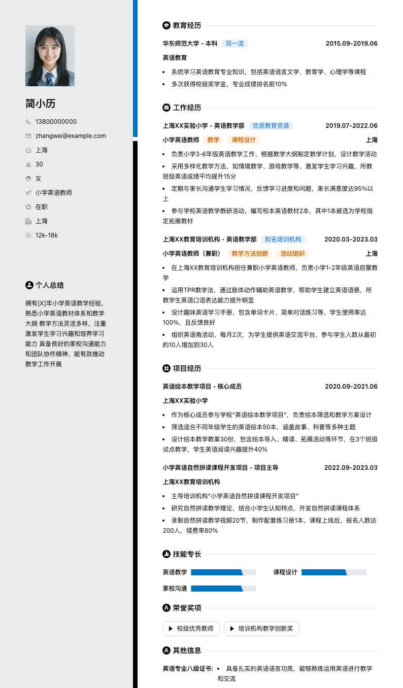 小学英语教师简历模板