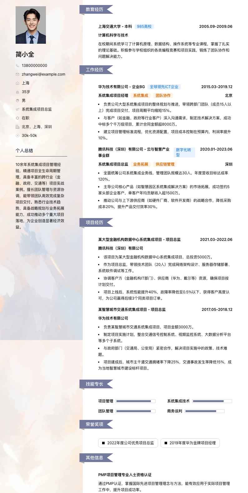 系统集成项目总监简历模板