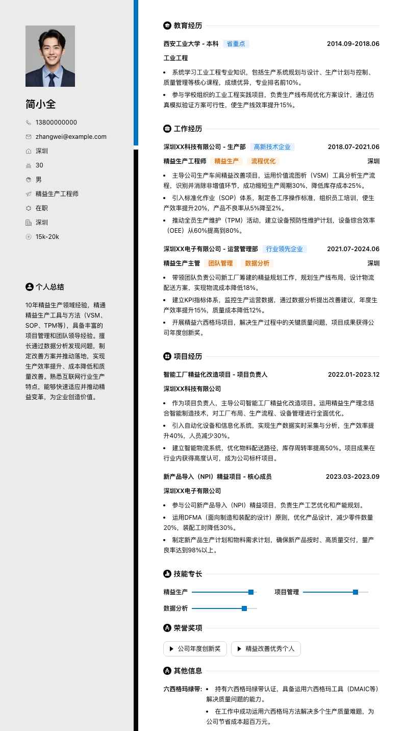 精益生产工程师简历模板