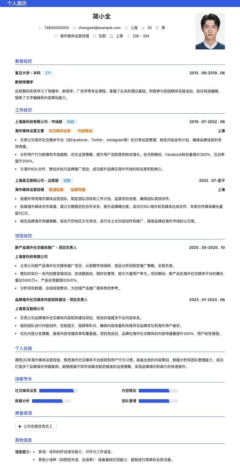 海外媒体运营经理简历模板