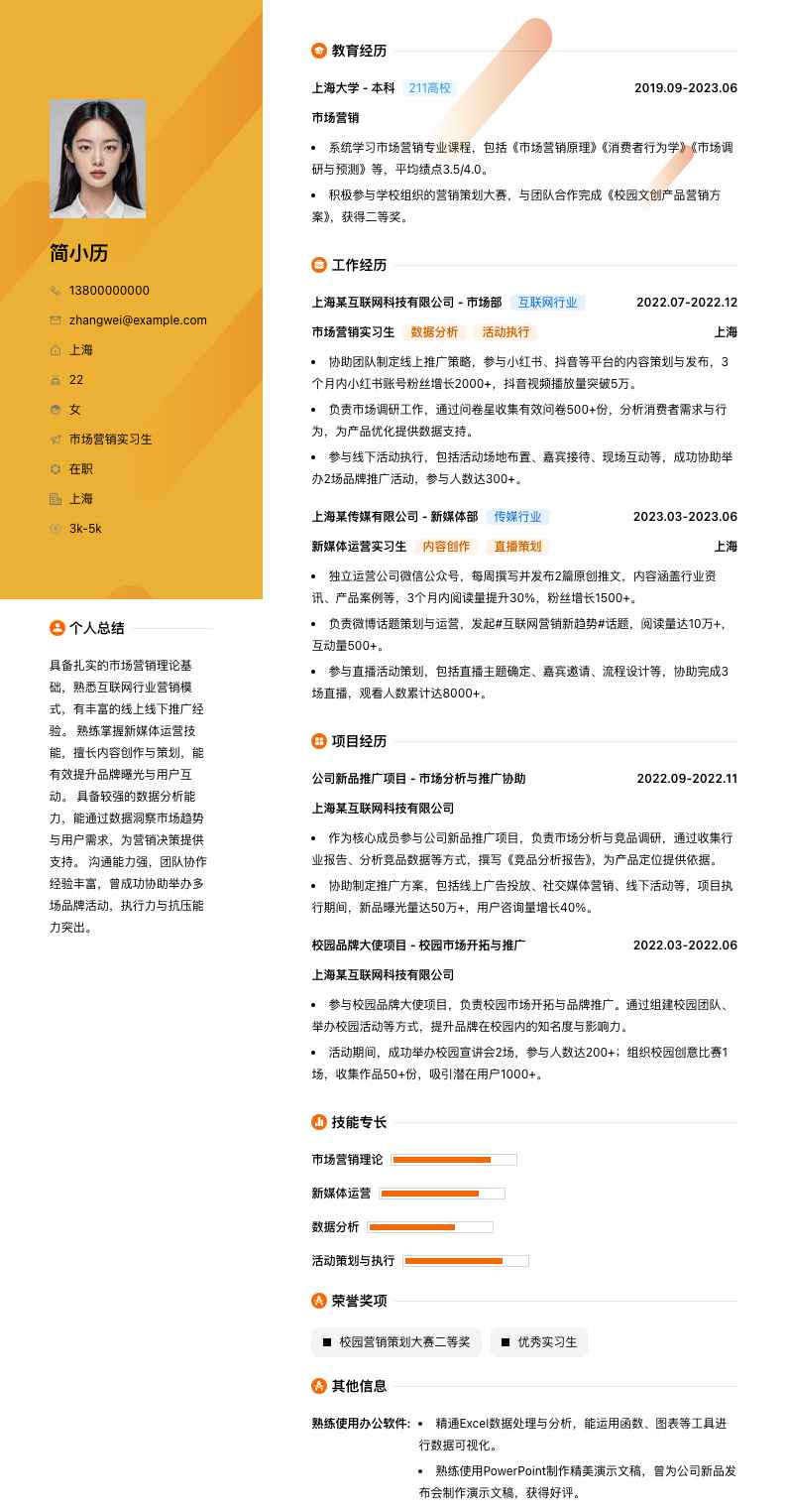 市场营销实习生简历模板