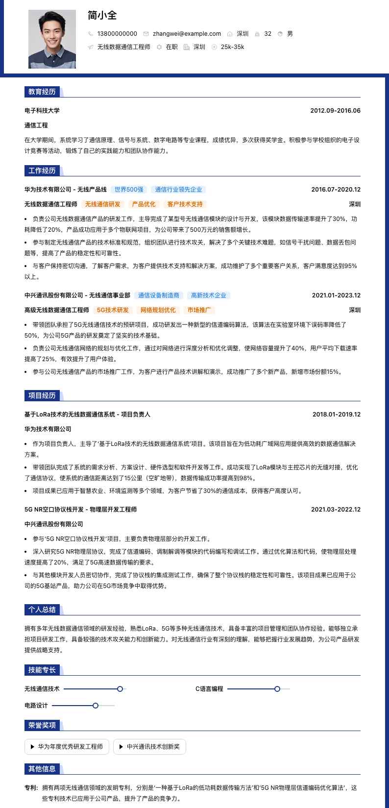 无线数据通信工程师简历模板
