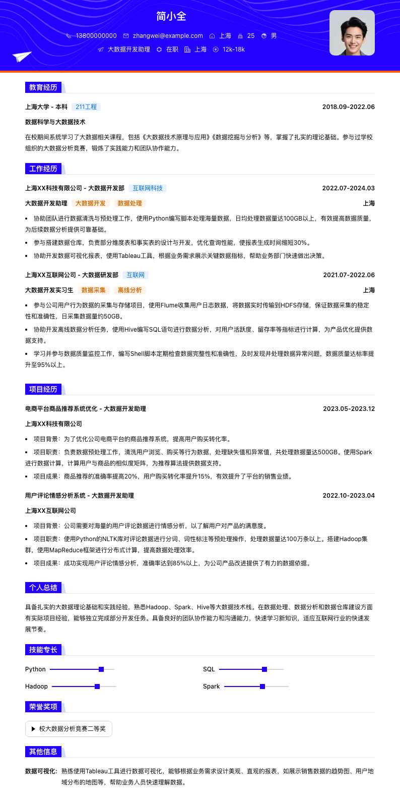 大数据开发助理简历模板