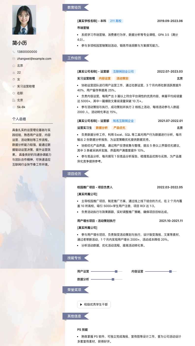 实习运营助理简历模板