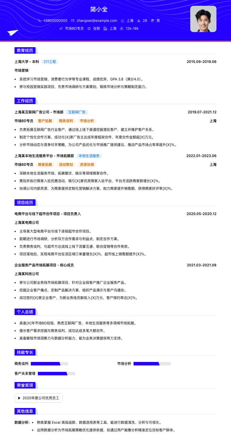 市场BD专员简历模板