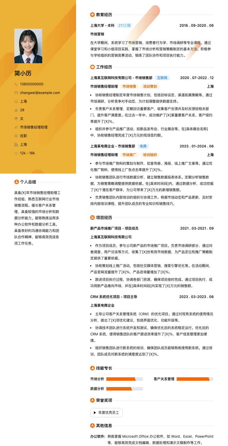 市场销售经理助理简历模板