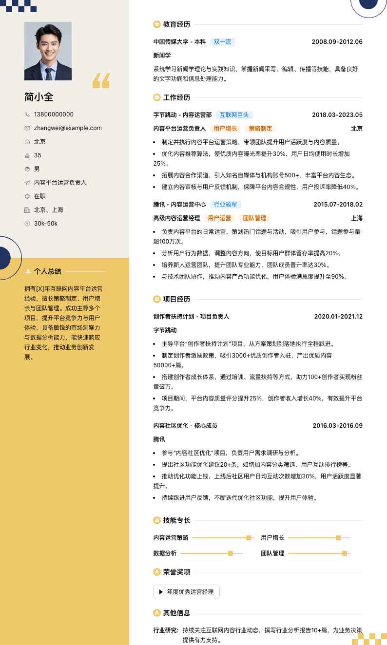 内容平台运营负责人简历模板