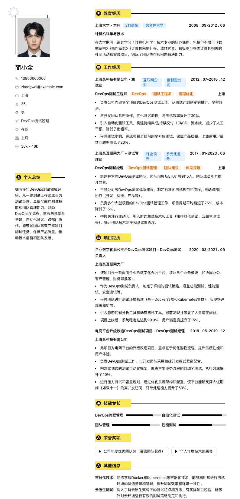 DevOps测试经理简历模板
