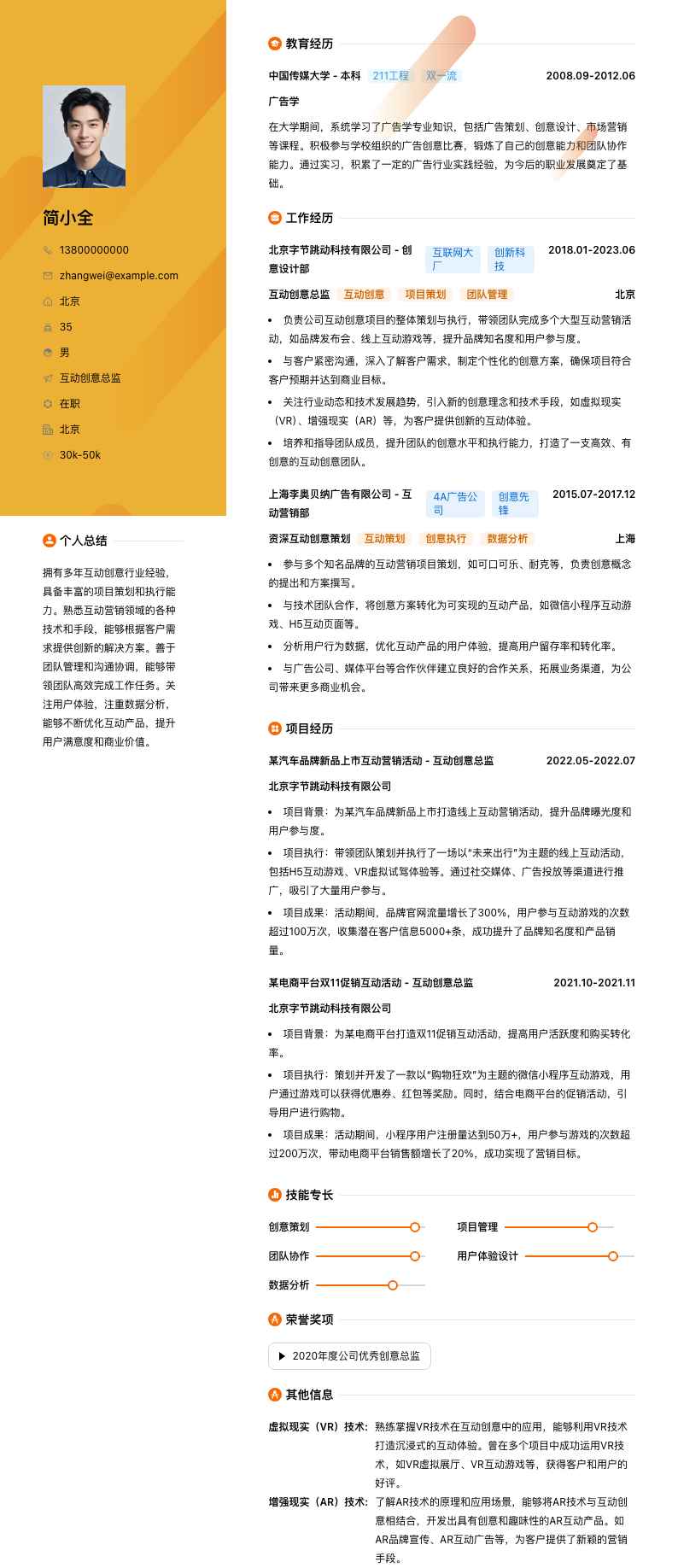 互动创意总监简历模板