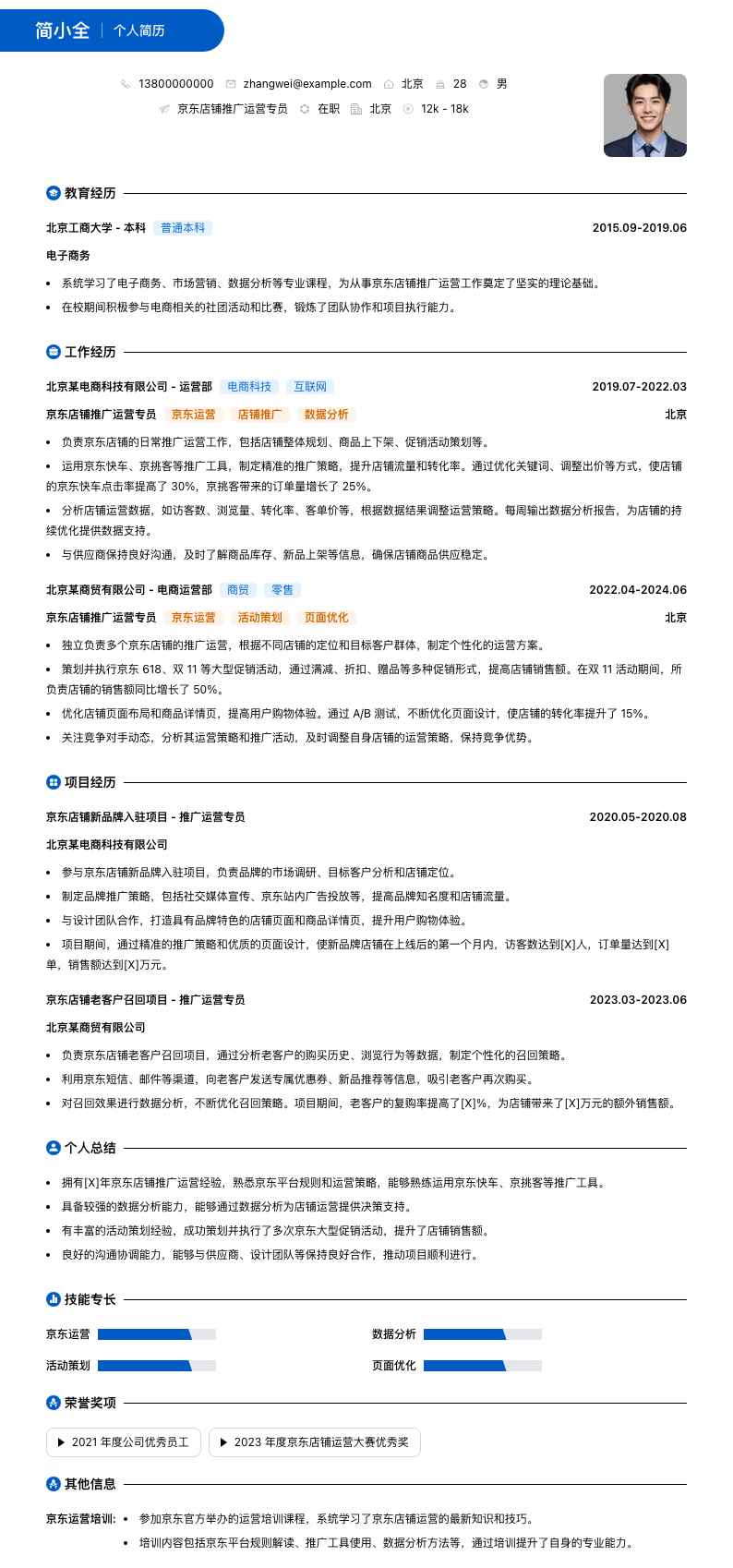 京东店铺推广运营专员简历模板