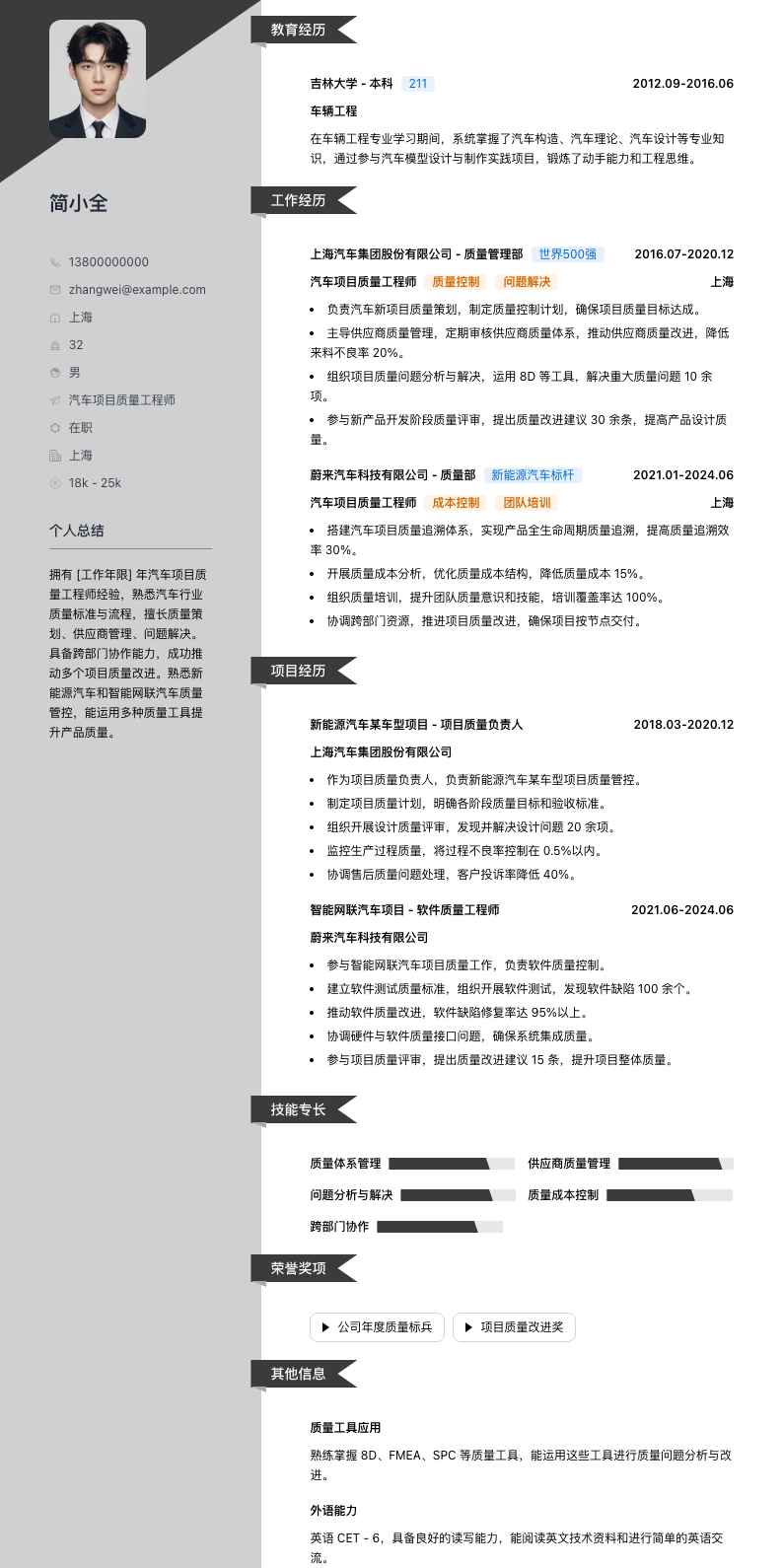 汽车项目质量工程师简历模板