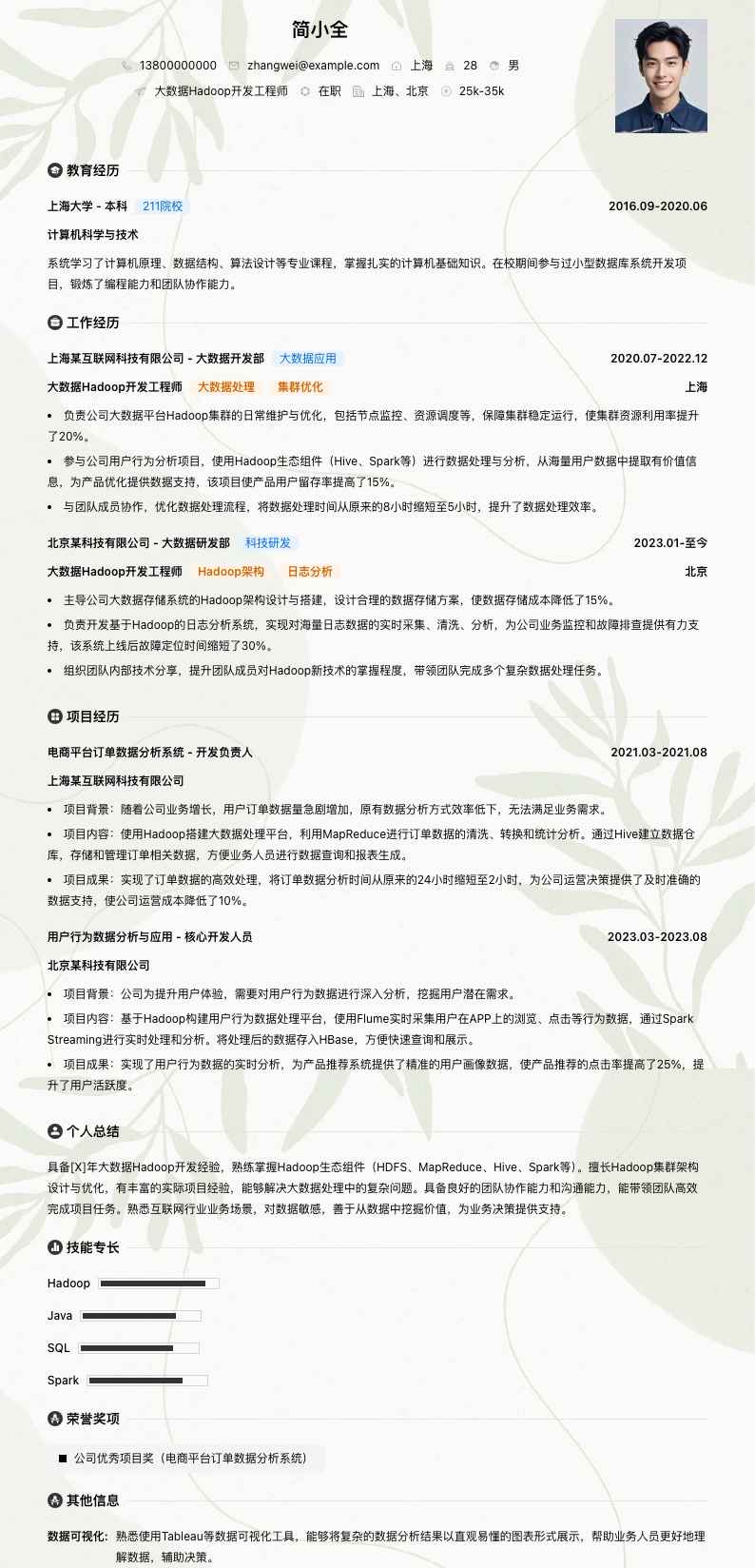 大数据hadoop简历模板