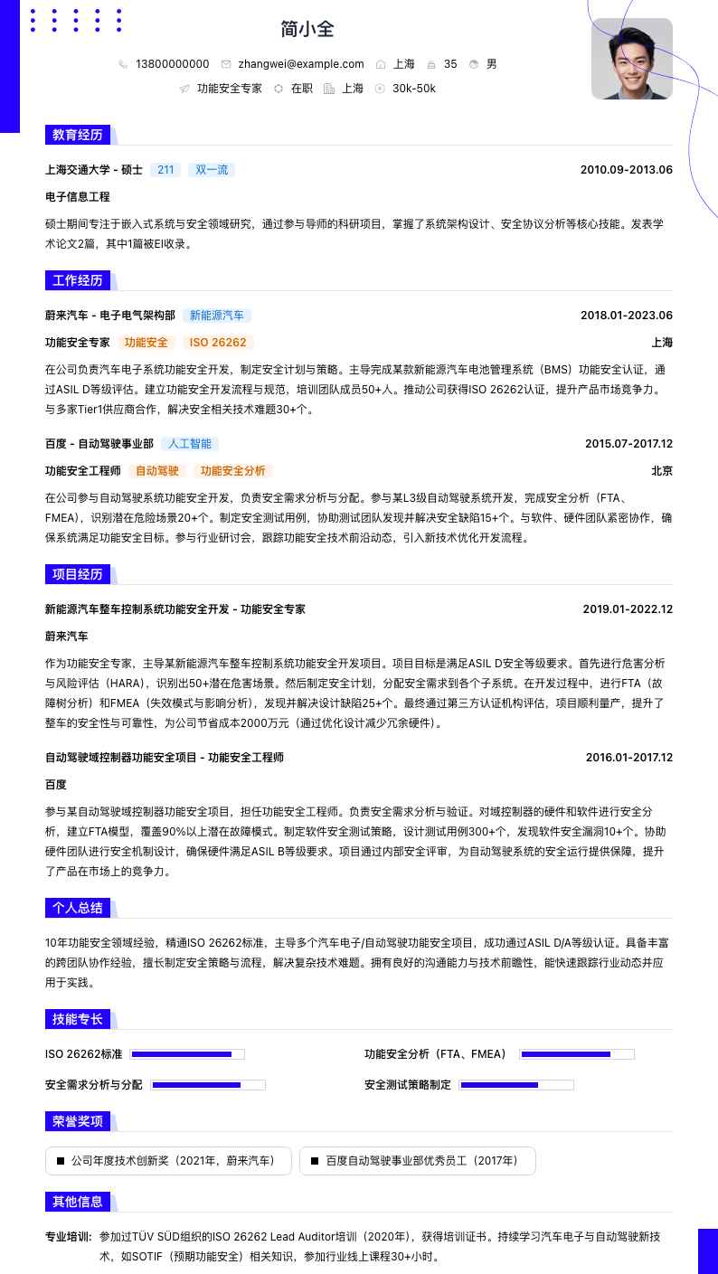 功能安全专家简历模板