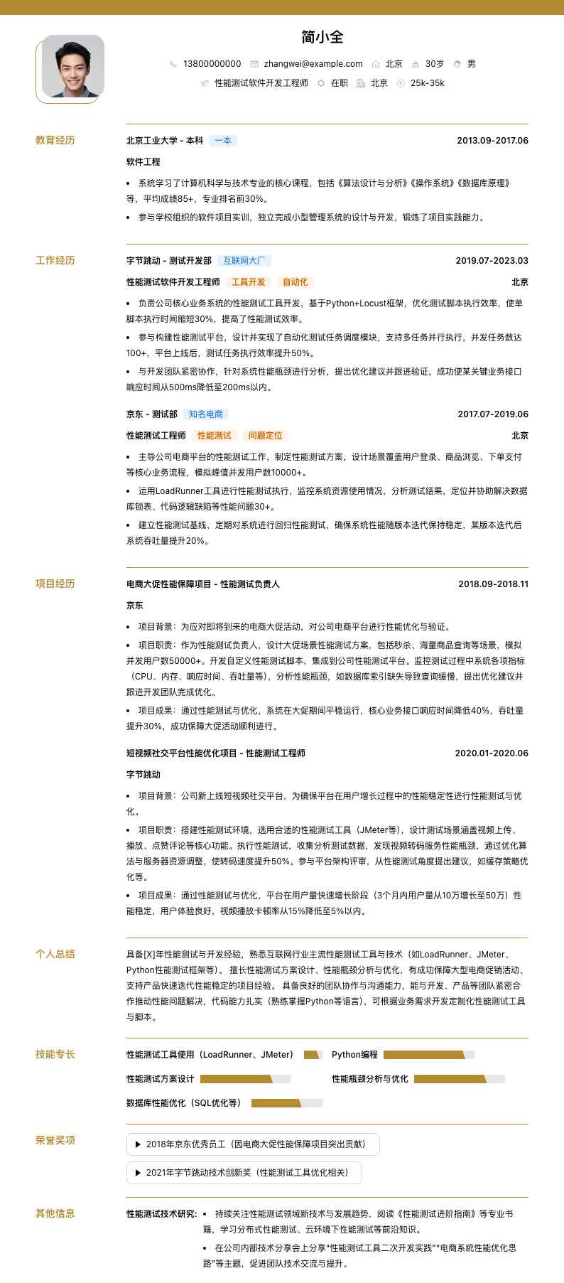 性能测试软件开发工程师简历模板