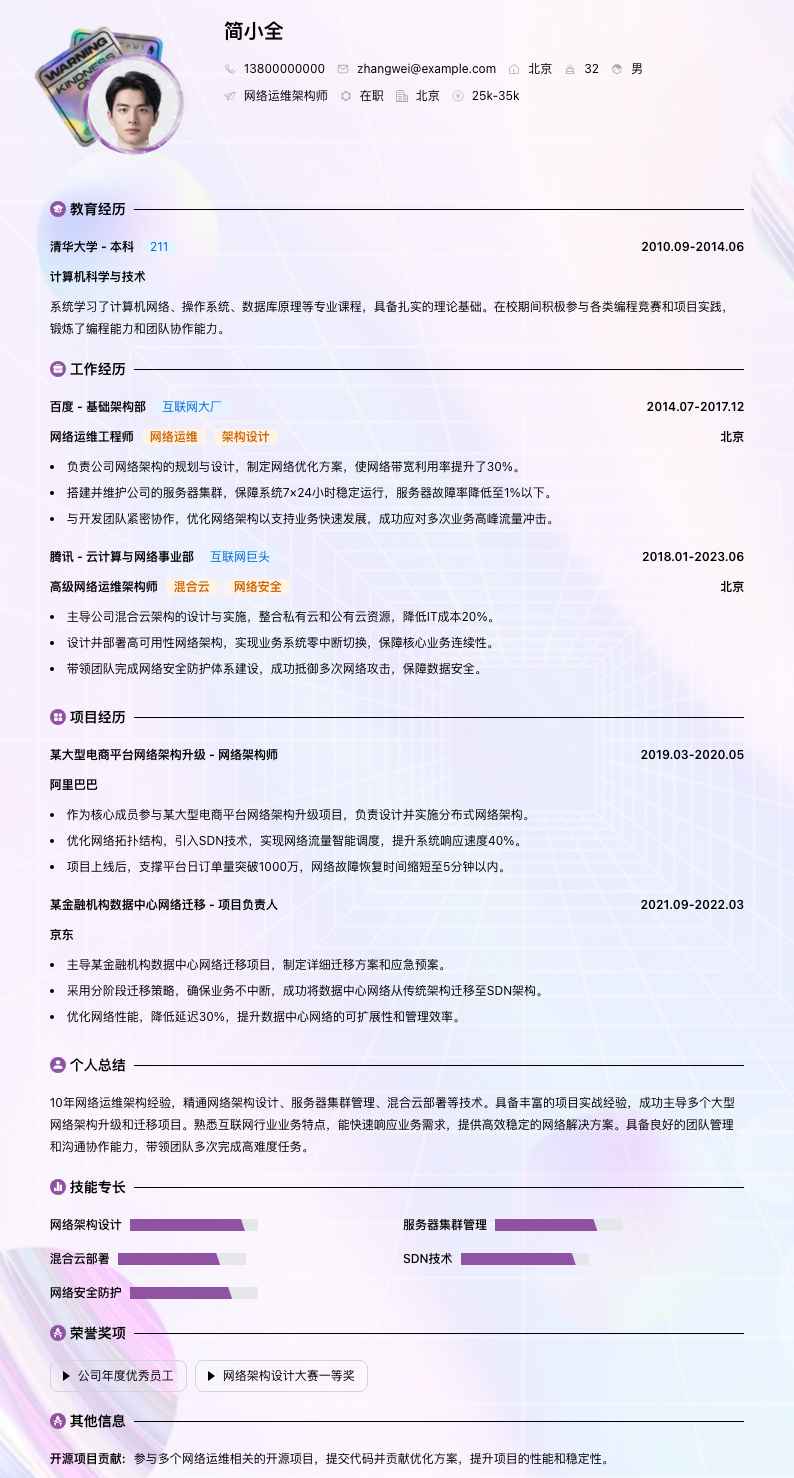 网络运维架构师简历模板