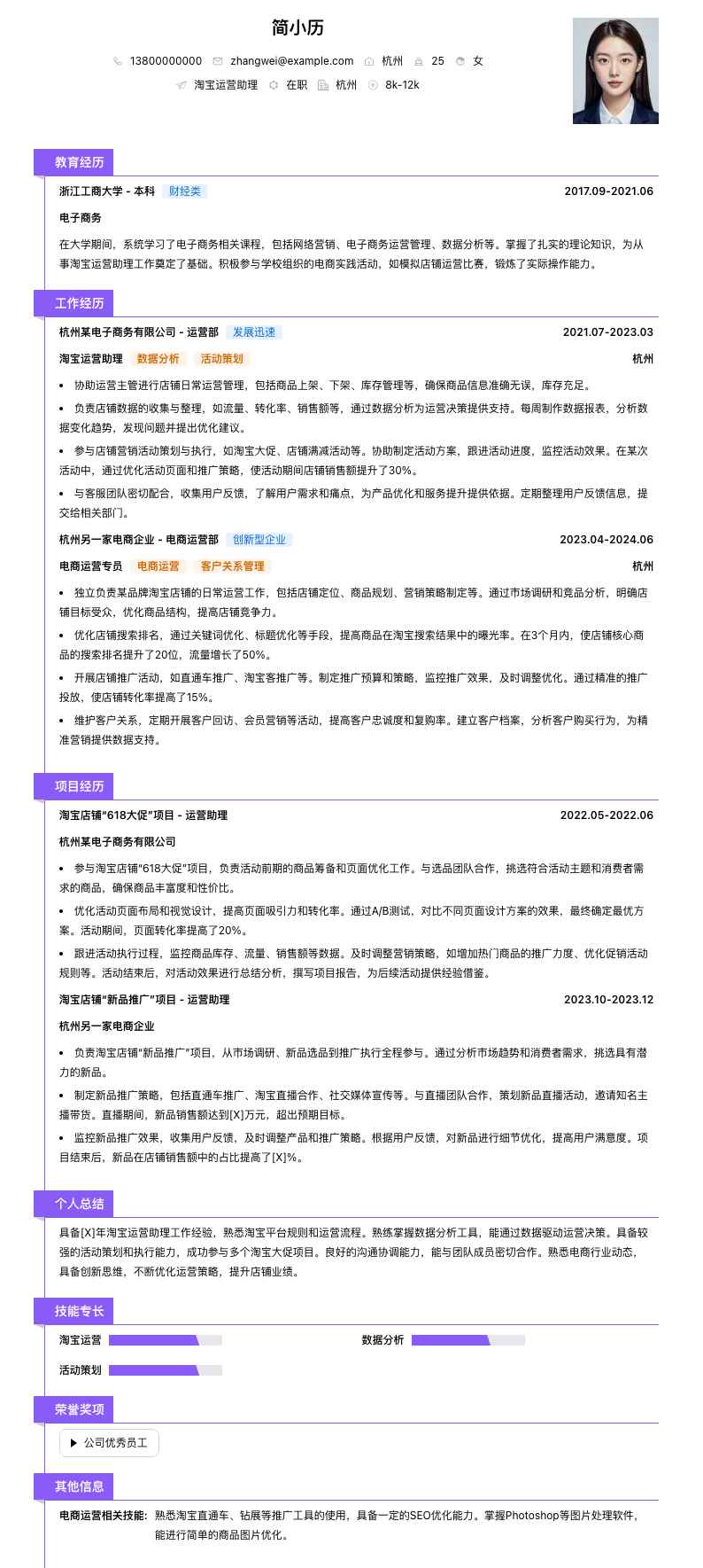 淘宝运营助理简历模板