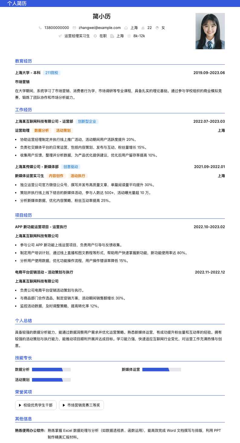 运营经理实习生简历模板