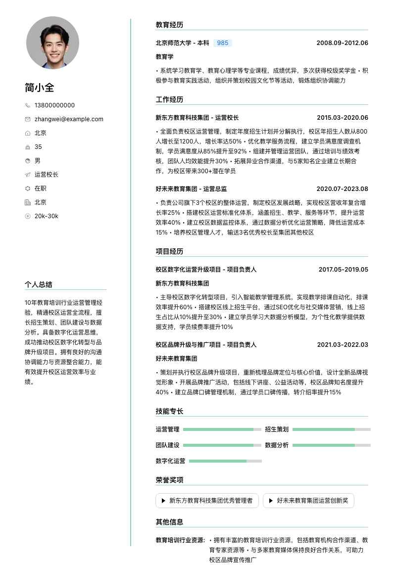 运营校长简历模板