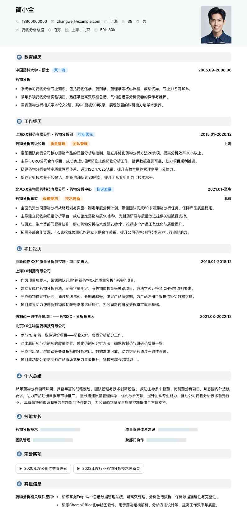 药物分析总监简历模板