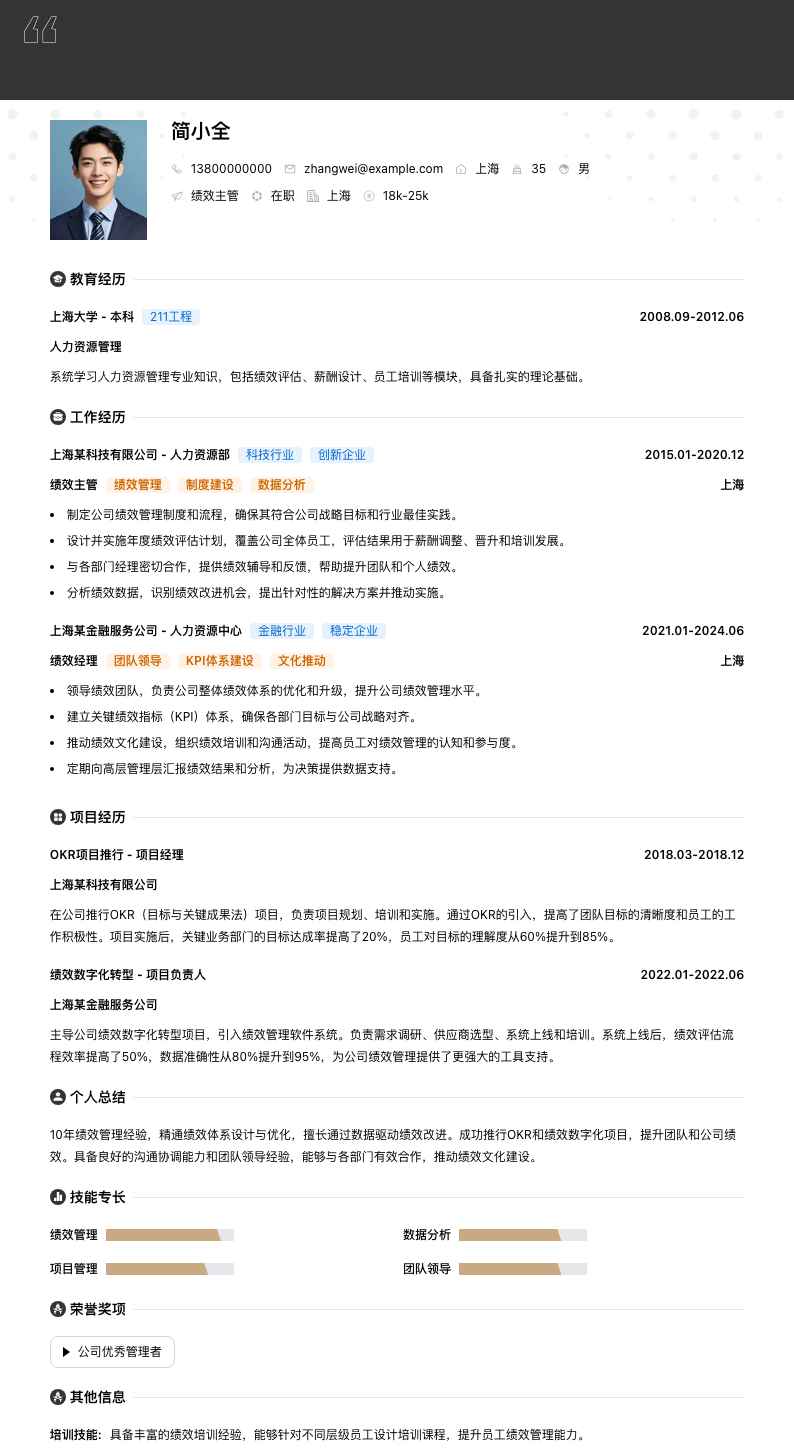 绩效主管简历模板