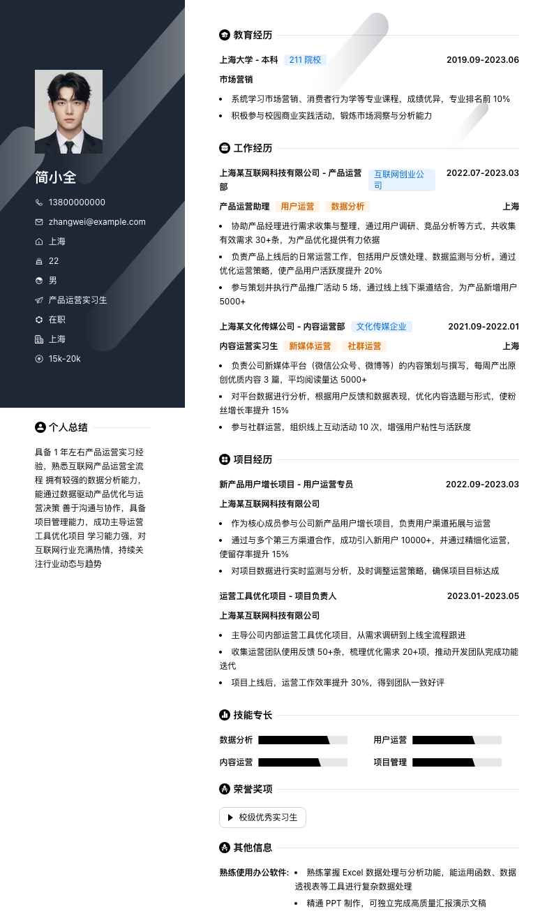 产品运营实习简历模板