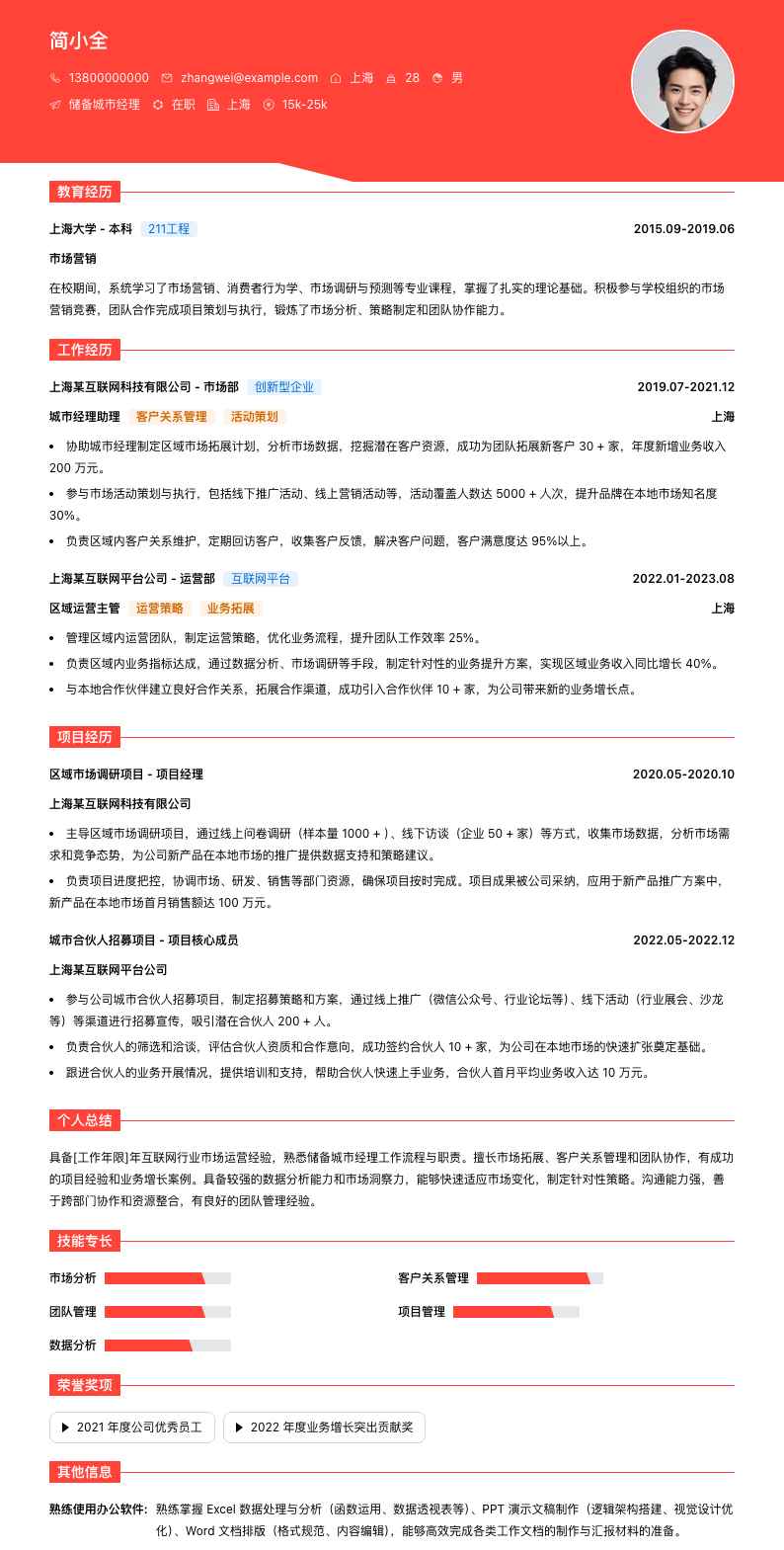 储备城市经理简历模板