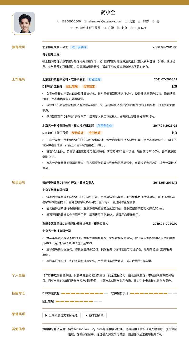 dsp软件主任工程师简历模板