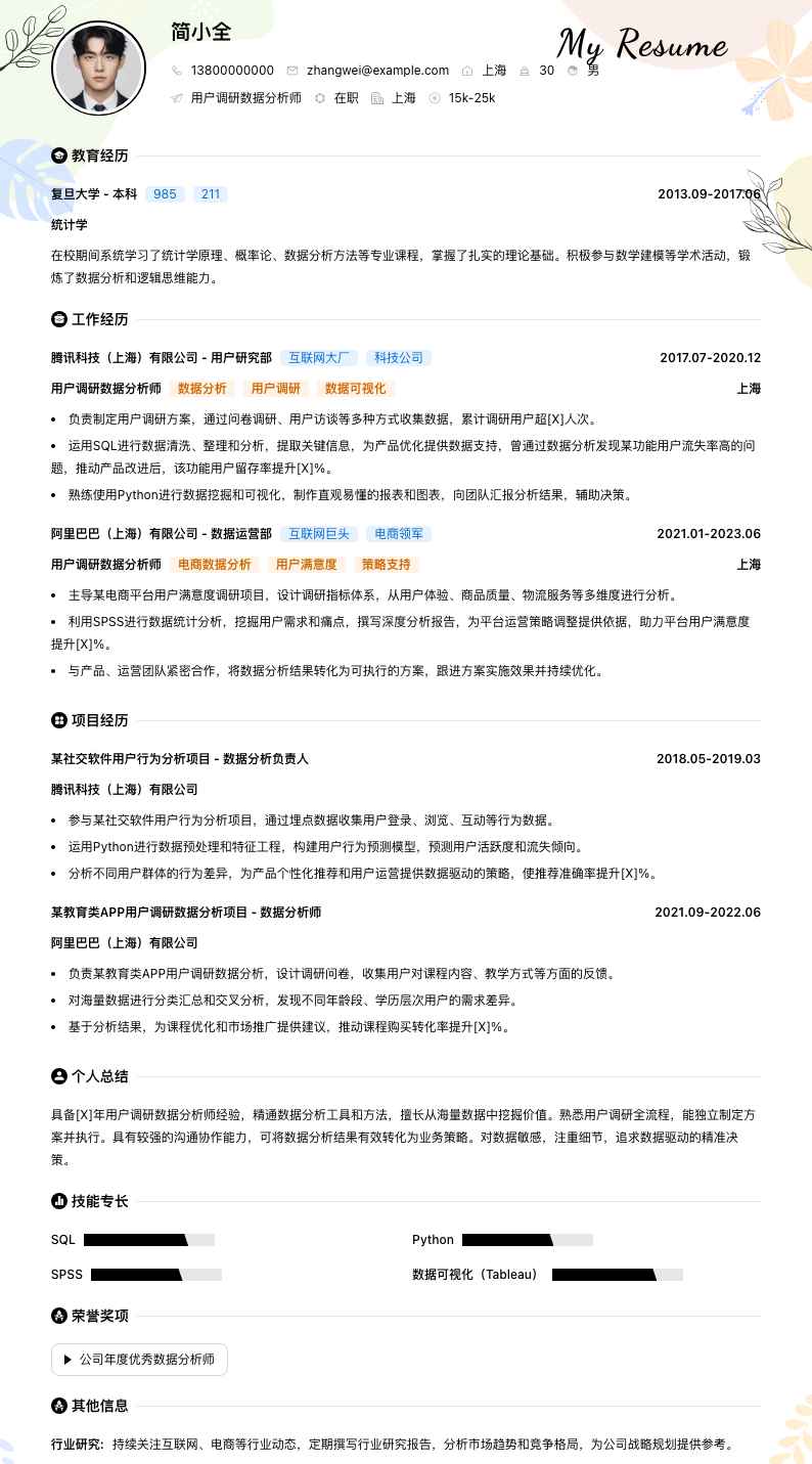 用户调研数据分析师简历模板