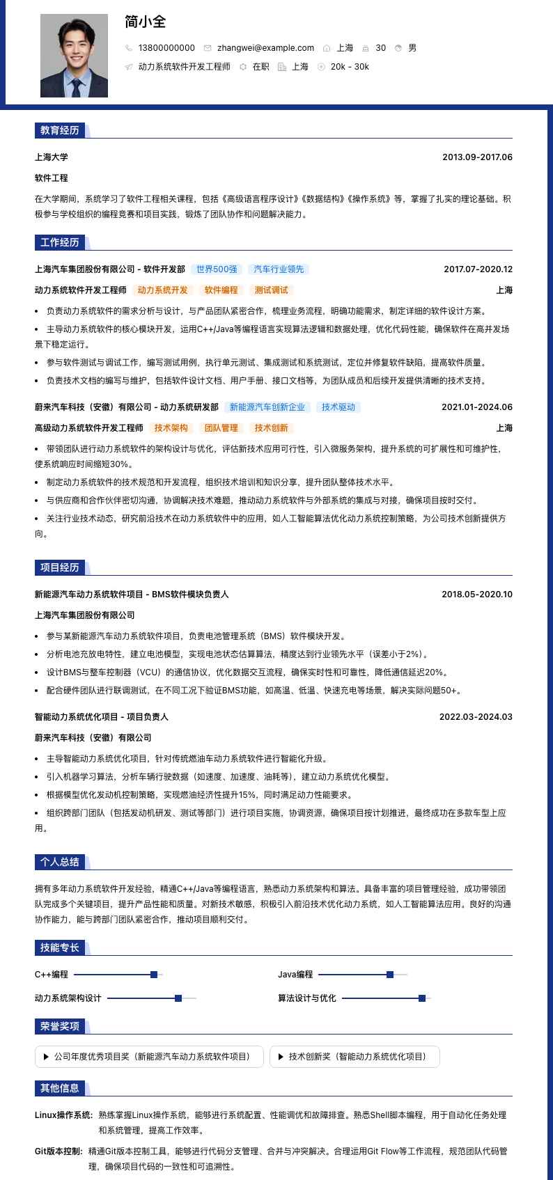 动力系统软件开发工程师简历模板