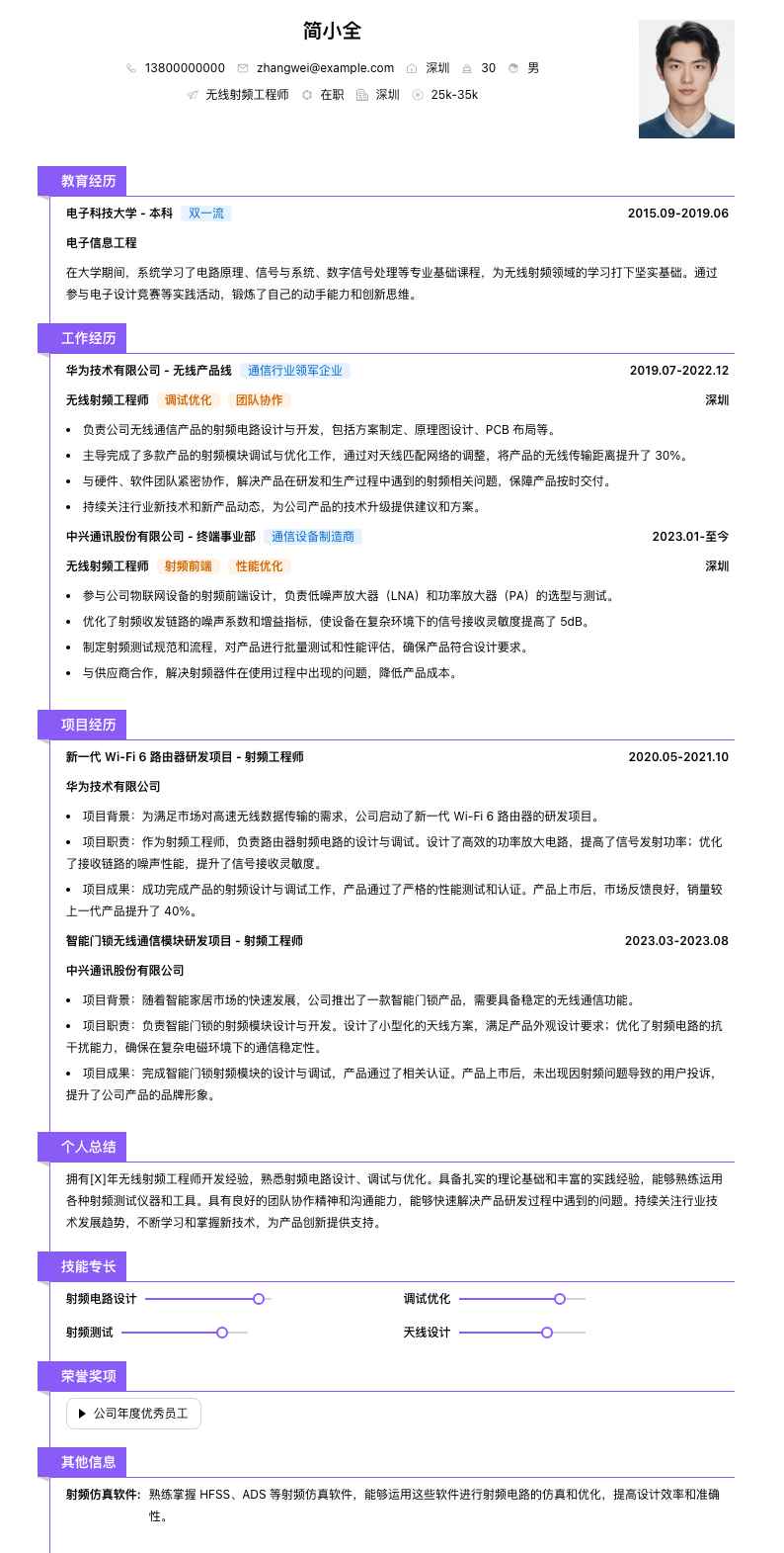 无线射频工程师简历模板