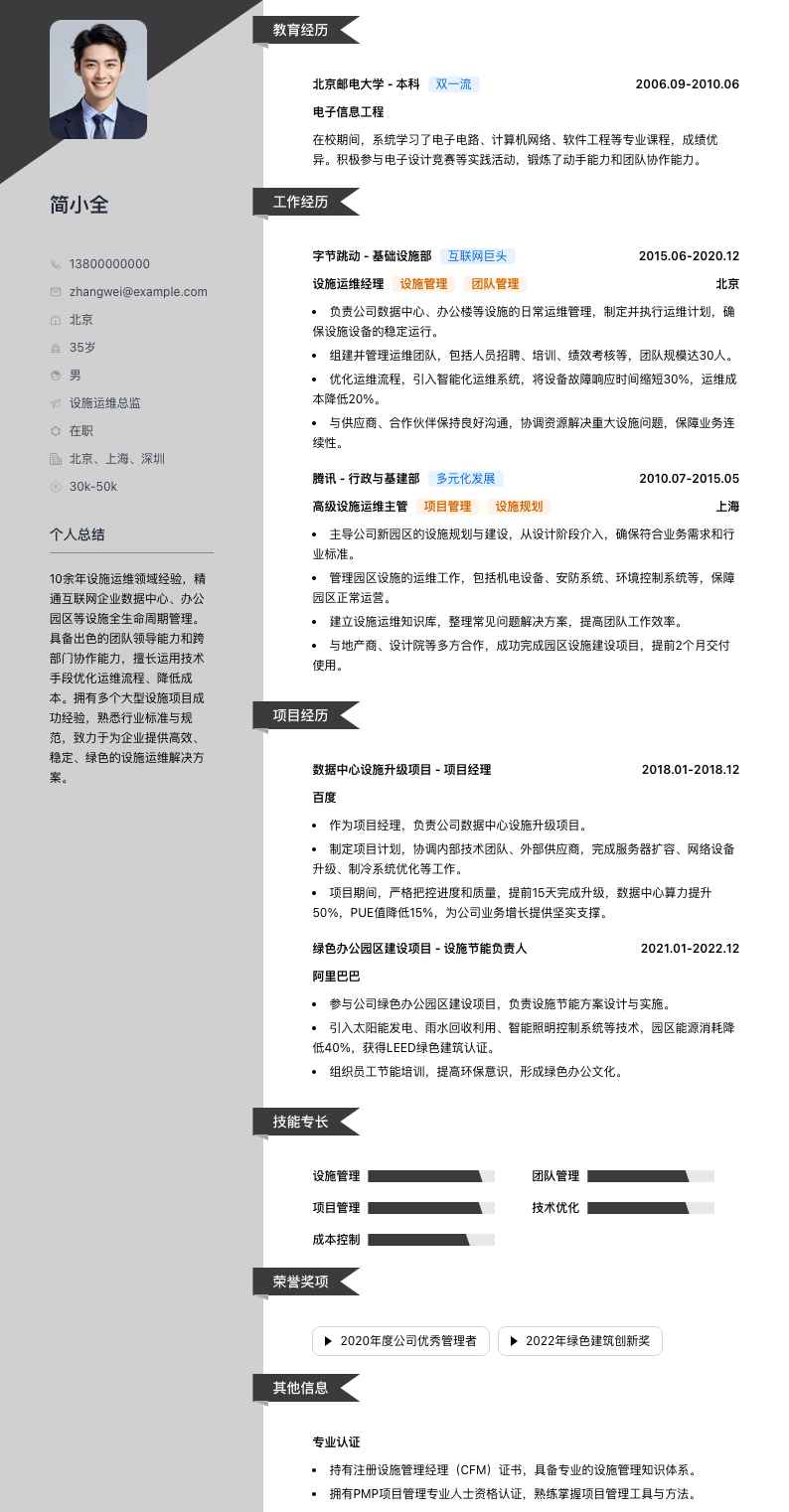 设施运维总监简历模板