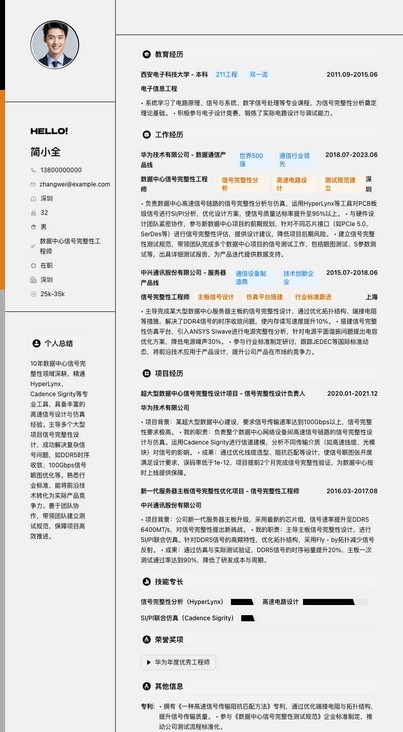 数据中心信号完整性工程师简历模板