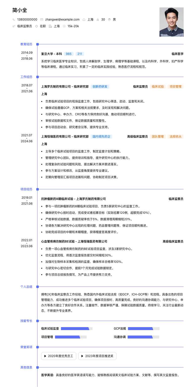 临床监察员简历模板