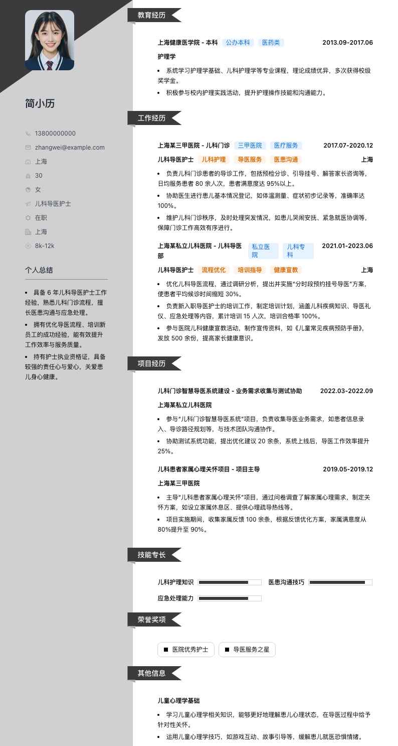 儿科导医护士简历模板