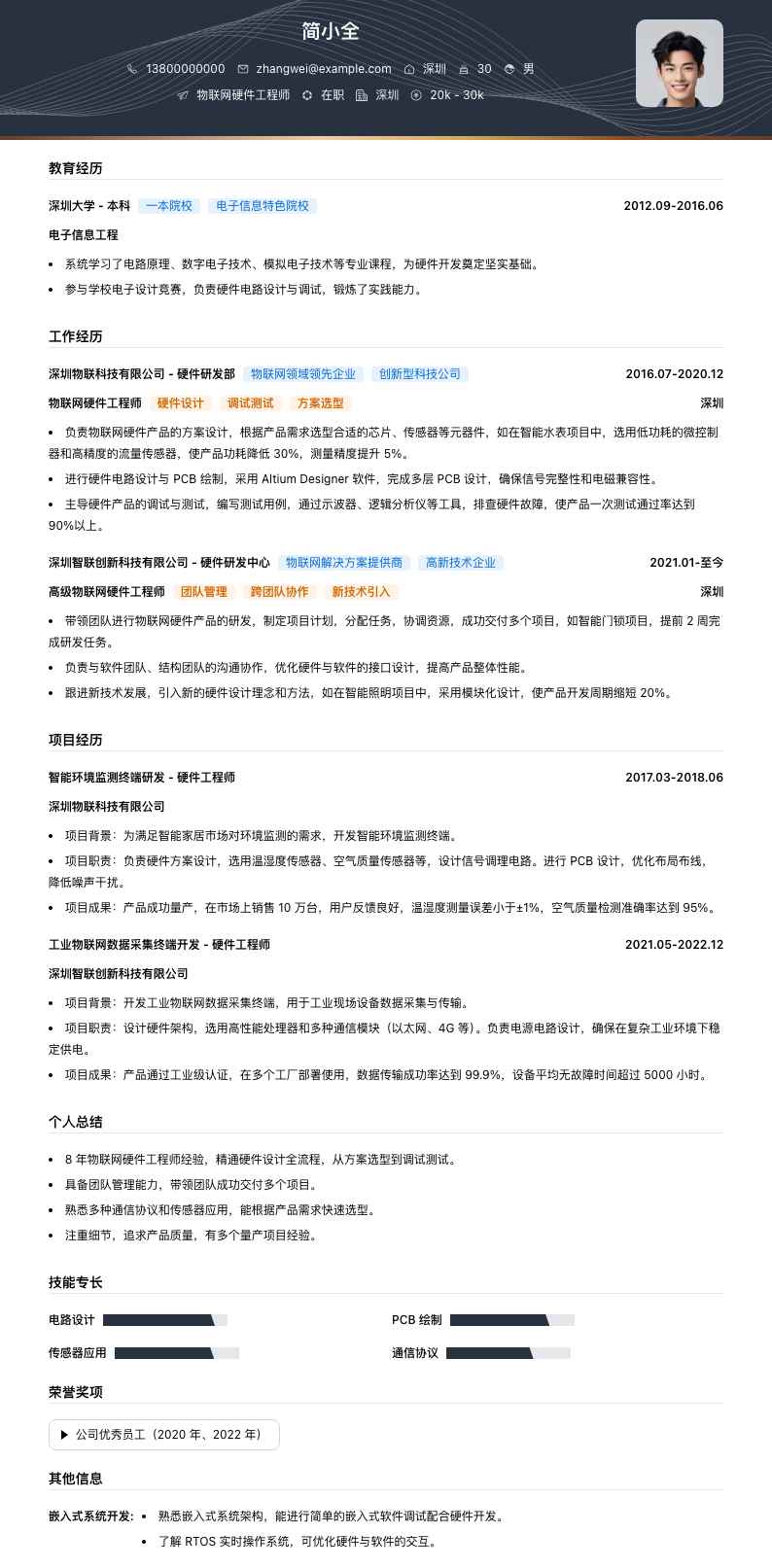 物联网硬件工程师简历模板