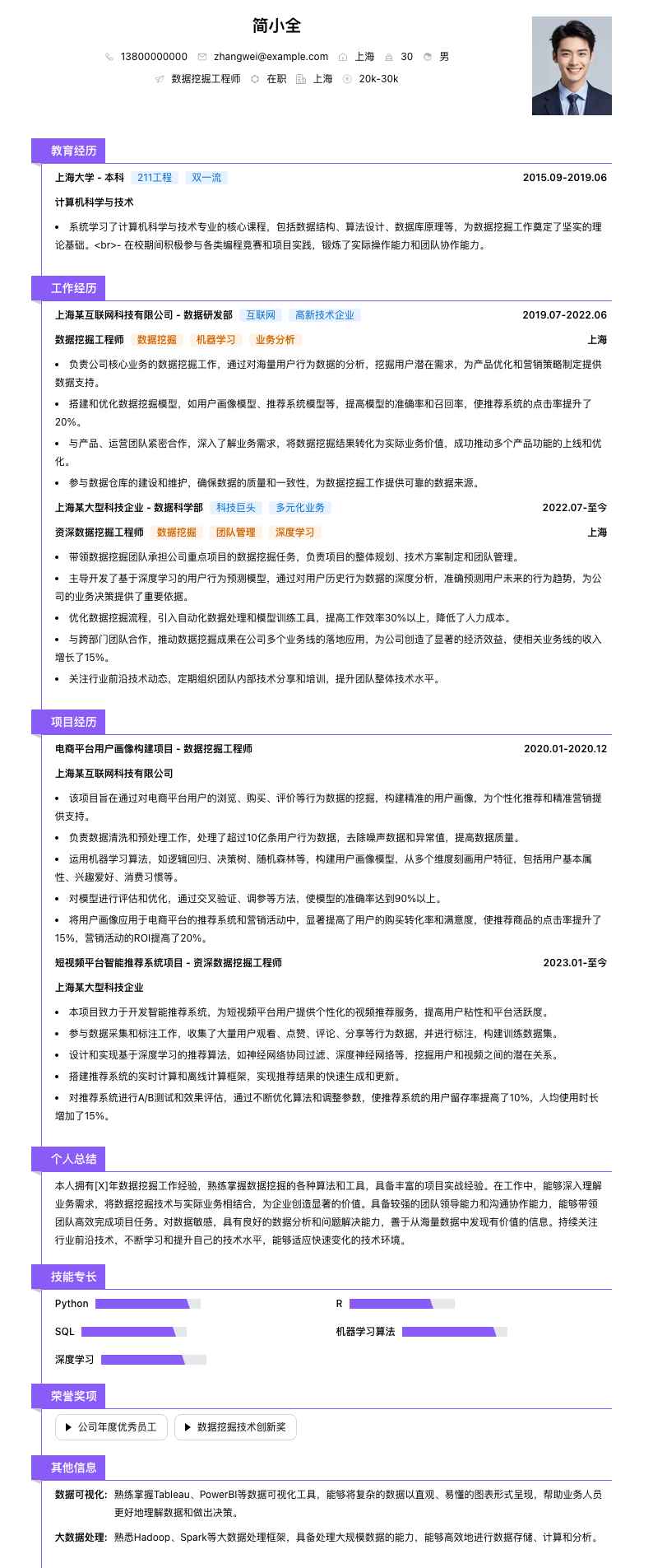 数据挖掘工程师简历模板