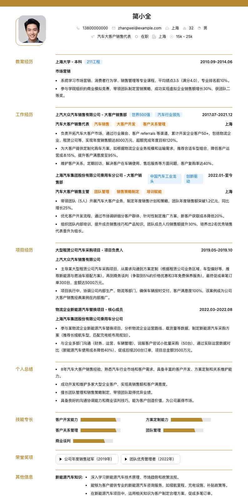 汽车大客户销售代表简历模板