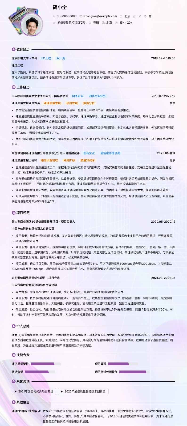 通信质量管控项目专员简历模板