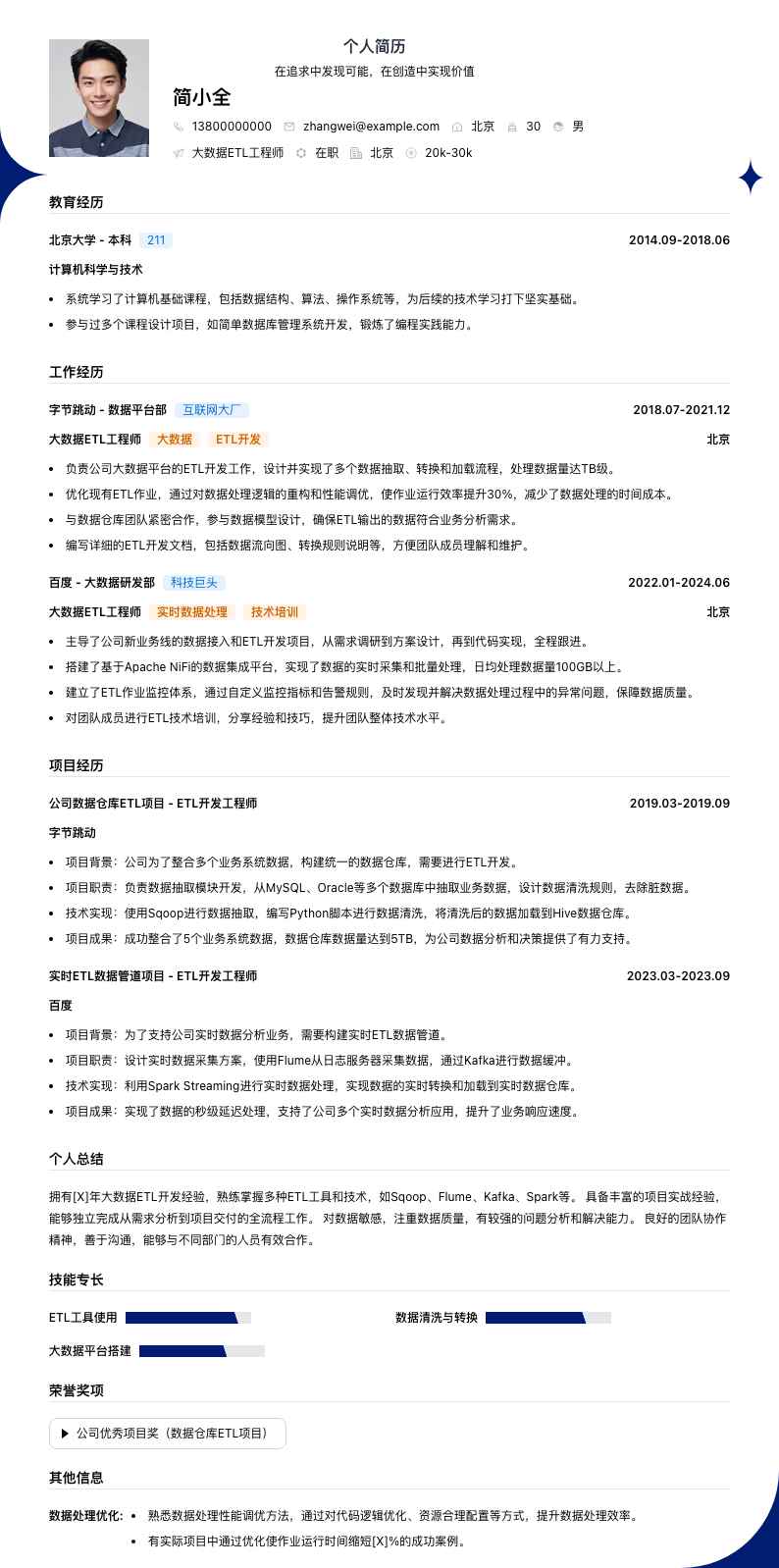 大数据etl工程师简历模板