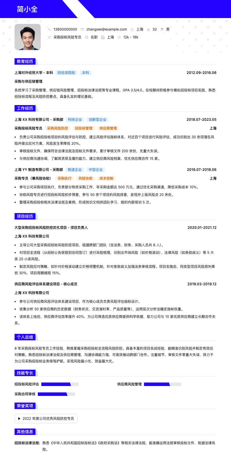 采购投标风险专员简历模板