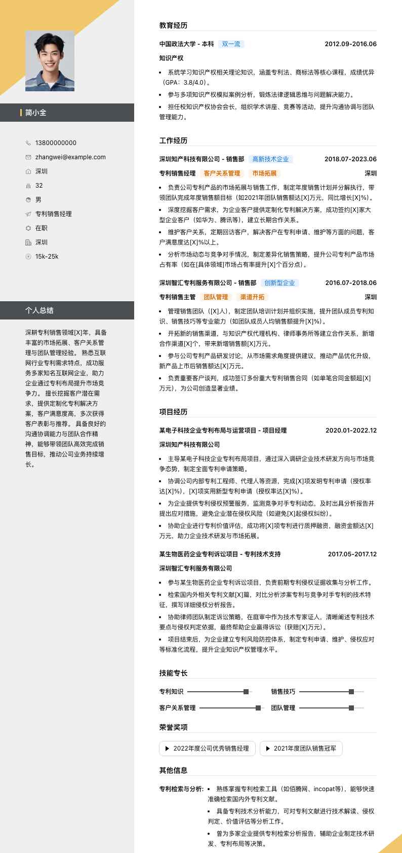 专利销售经理简历模板