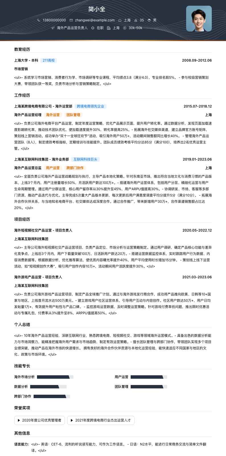 海外产品运营负责人简历模板