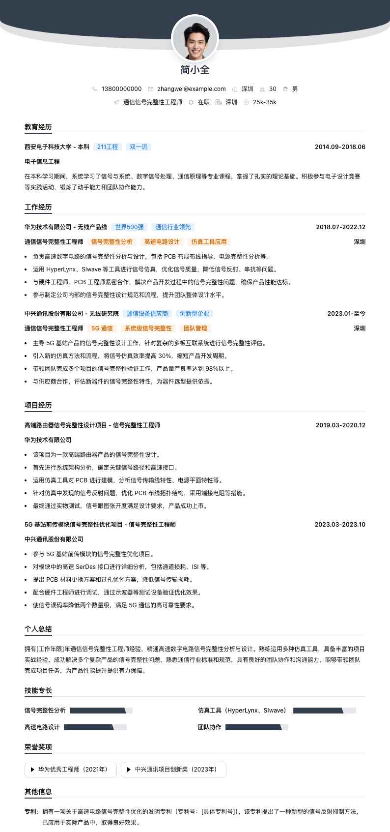 通信信号完整性工程师简历模板