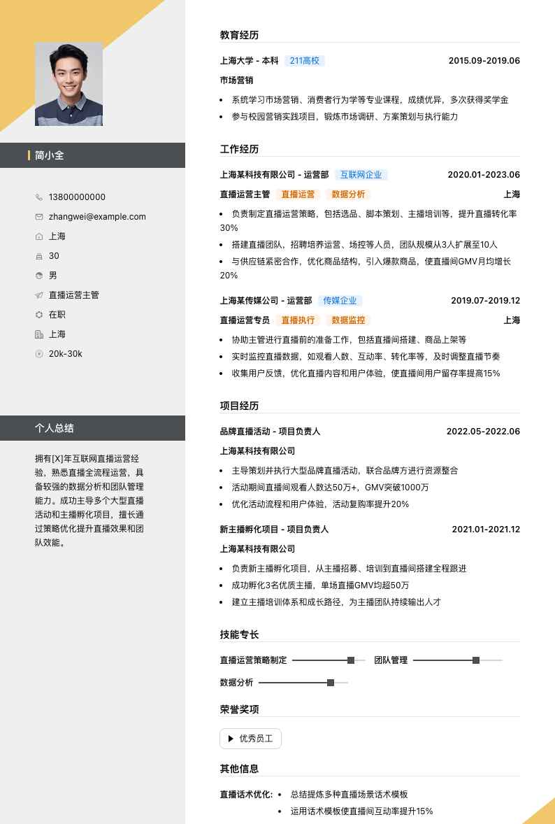 直播运营主管简历模板