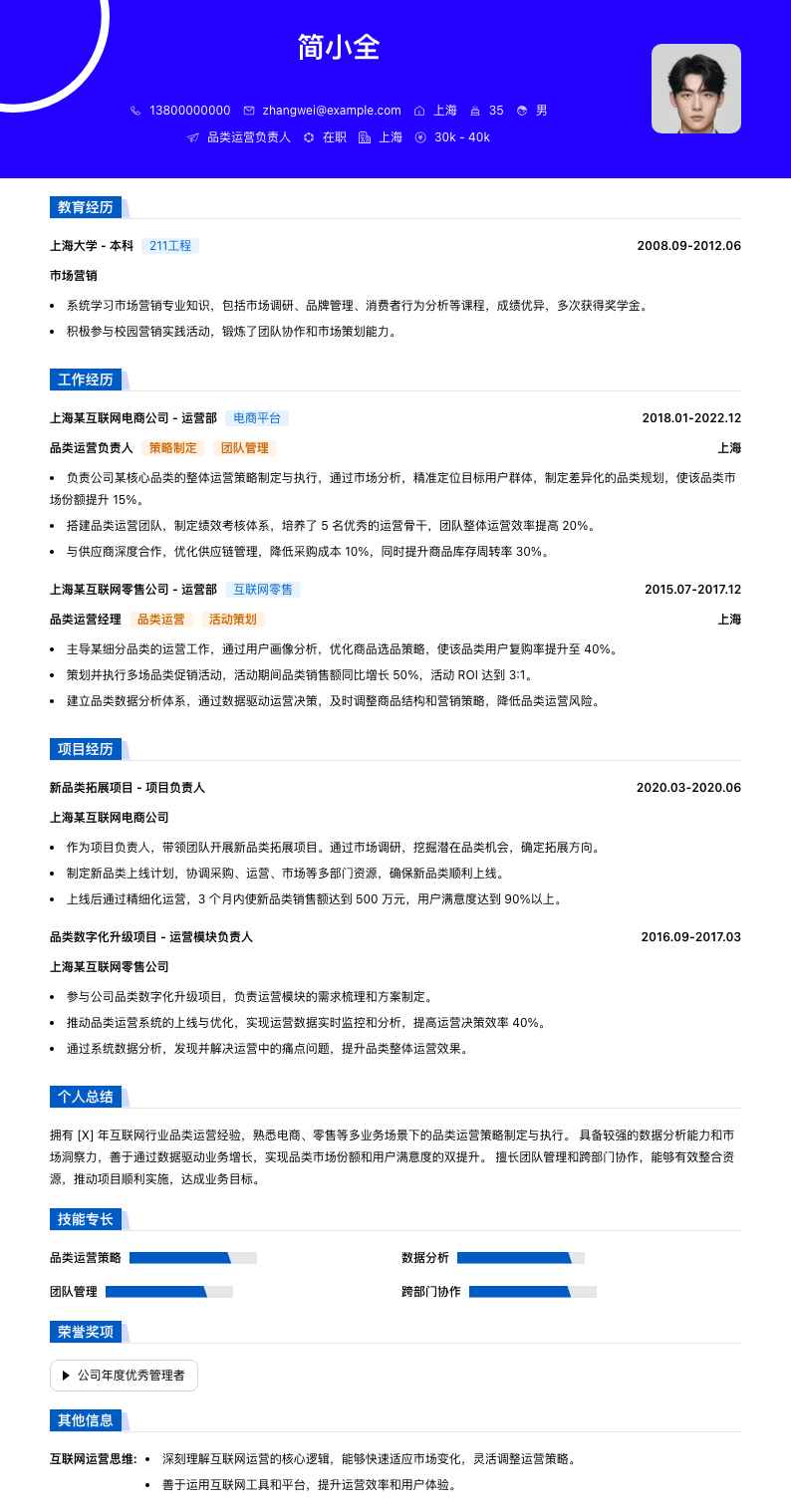 品类运营负责人简历模板