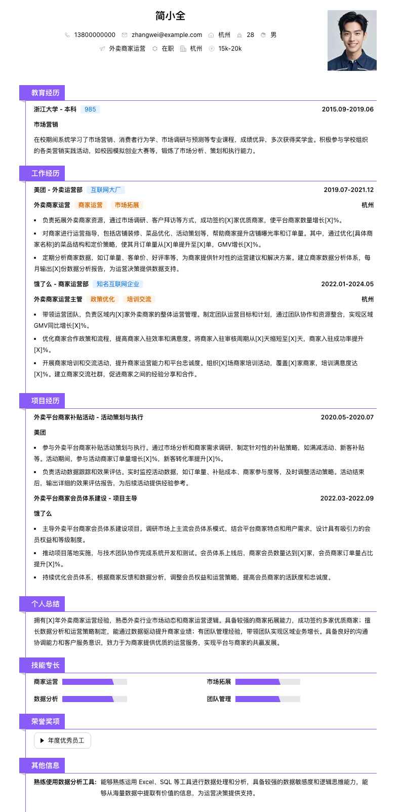 外卖商家运营简历模板