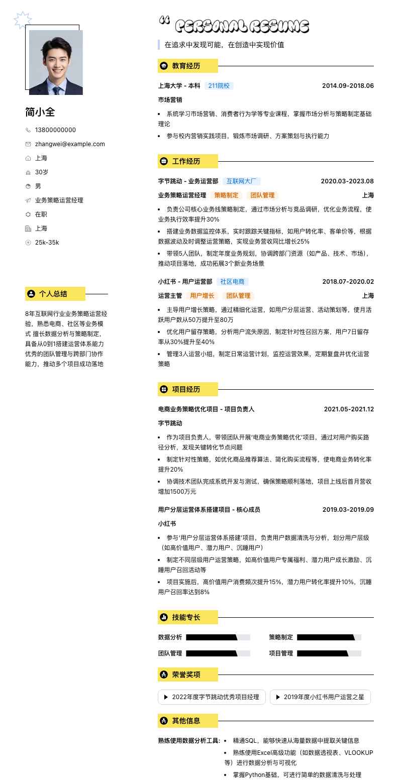 业务策略运营经理简历模板