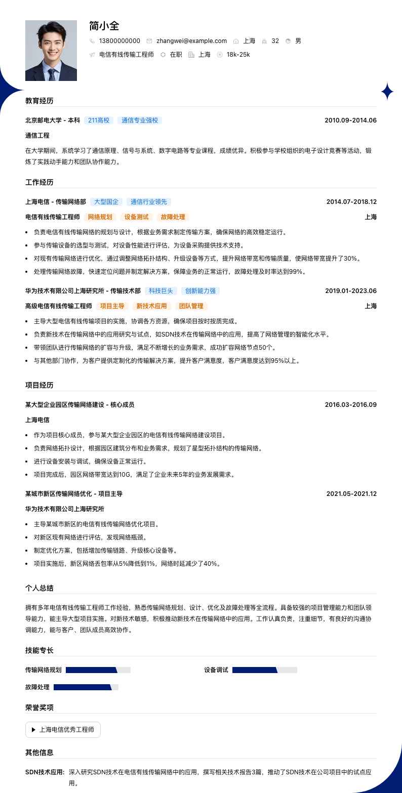 电信有线传输工程师简历模板