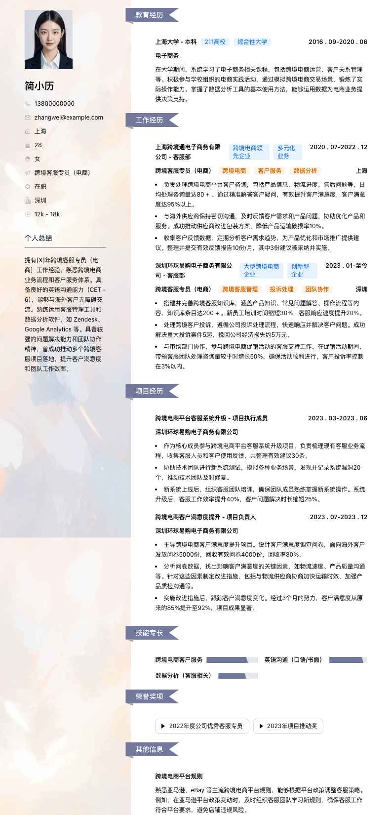 跨境客服专员（电商）简历模板